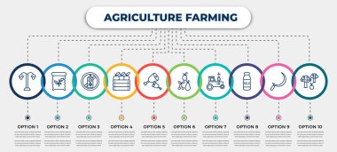 vector infographic template with icons and 10 options or steps. infographic for agriculture farming concept. included lamppost, seed bag, pesticide, harvest, meat, fruit, tractor, milk jar,