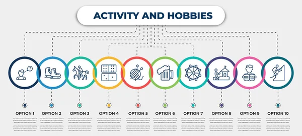 vector infographic template with icons and 10 options or steps. infographic for activity and hobbies concept. included questioning, ice skating, horse riding, dominoes, yarn ball, brewing, modeling,