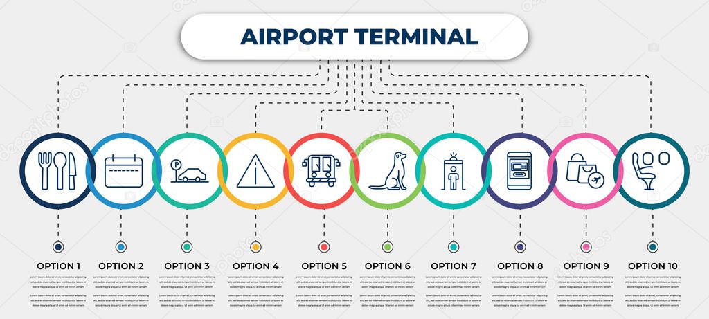 vector infographic template with icons and 10 options or steps. infographic for airport terminal concept. included clutery for lunch, week calendar, parking square, danger sing, airport bus, sitting