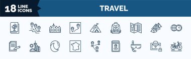 set of travel web icons in outline style. thin line icons such as geography book, itinerary, brochure, claim, france, diving goggles, secure briefcase, bike with front basket vector.