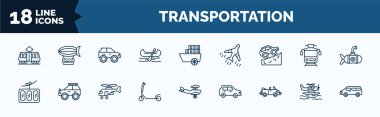 set of transportation web icons in outline style. thin line icons such as tramway, gondola, off road, funicular railway, micro scooter, cabriolet, hydroplane, minivan vector.