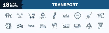 set of transport web icons in outline style. thin line icons such as school bus stop, ferry carrying cars, gearshift, airport checking, carrier, road sweeper, airplane pointing up, lifter vector.