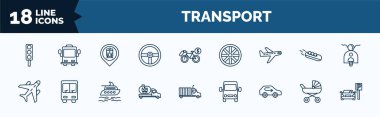 set of transport web icons in outline style. thin line icons such as car traffic, steering, planes, air transport, gas truck, recirculation, babysitter, car parking vector.