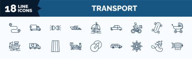 set of transport web icons in outline style. thin line icons such as way, yacht navigate, delivery bike, fishing boat, parking men, ship wheel, flying airplane, blimp vector.