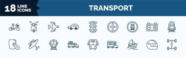 set of transport web icons in outline style. thin line icons such as bikes, auto, tram stop label, hands free device, loaded truck side view, sailing, motorsport, chassis vector.