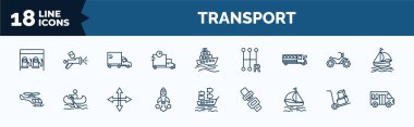 set of transport web icons in outline style. thin line icons such as petrol station, shipping and delivery, school bus empty, small helicopter, space rocket launch, sail boat, cart with boxes,