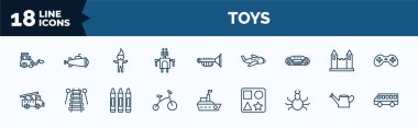 set of toys web icons in outline style. thin line icons such as digger toy, robot toy, keyboard toy, fire truck tricycle spider watering can bus vector.