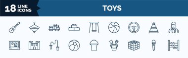 set of toys web icons in outline style. thin line icons such as guitar toy, blocks toy, steering wheel toy, etch a sketch beach ball thinking game microphone abacus vector.