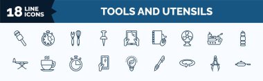 set of tools and utensils web icons in outline style. thin line icons such as microphone voice tool, push pins, table fan, iron board, hand phones, rotate right, maths compass tool, kitchen utensils