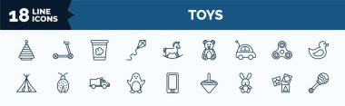 set of toys web icons in outline style. thin line icons such as pyramid toy, kite toy, car toy, tent penguin bunny cubes rattle vector.