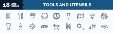 set of tools and utensils web icons in outline style. thin line icons such as daily specials board, headphone variant, cushion, recycling can, firetruck, searching tool, exercise with dumbbells,