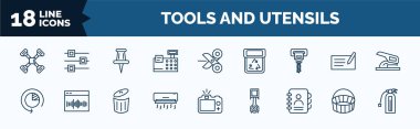 set of tools and utensils web icons in outline style. thin line icons such as cross wrench, printing calculator, auger, time left, air conditioning, telephone agenda, empty shopping basket, flame