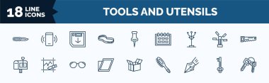 set of tools and utensils web icons in outline style. thin line icons such as penknife, rubber bands, clothes rack, postage, shear, ink pen, tiny key, key ring with two keys vector.