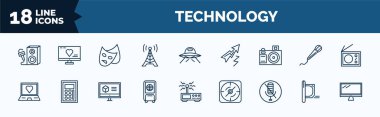 set of technology web icons in outline style. thin line icons such as entertainer, frequency antenna, camera front view, laptop with a heart, air cooler, microphone interface, straight air, screen