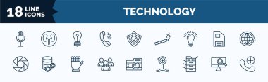 set of technology web icons in outline style. thin line icons such as big microphone, telephone receiver, light on, camera shutter, customers, photocopier, digitate, add call vector.