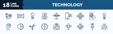 set of technology web icons in outline style. thin line icons such as holidays, cad, naensor, satellite station, green flash, big chip, radio microphone, robot insect vector.