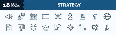 set of strategy web icons in outline style. thin line icons such as speaker, card, resume, report, king, coaching, deal, startup vector.
