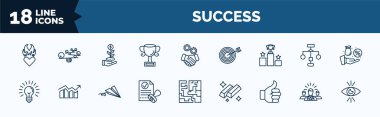 set of success web icons in outline style. thin line icons such as passion, cup, pedestal, idea, approval, thumb up, leader, vision vector.