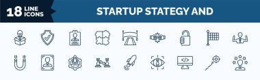 set of startup stategy and web icons in outline style. thin line icons such as new product, jigsaw, open padlock, attractive, fight, web development, purpose, experience vector.