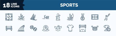 set of sports web icons in outline style. thin line icons such as board gaming, skibob, medal with number 1, work bench, pool ball, starting line, estadio, golf champion vector.