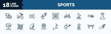 set of sports web icons in outline style. thin line icons such as football cup, man award, surf sea, sport trophy, awards, man balancing, two judo fighters, starting gun vector.