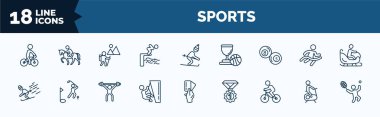 set of sports web icons in outline style. thin line icons such as man riding bike, swimming jump, ball pool, skiing, climber, bicycle rider, exercise gym, man playing tennis vector.