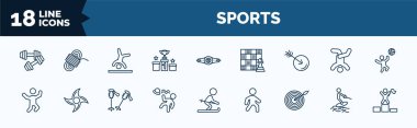 set of sports web icons in outline style. thin line icons such as dumbbell for training, podium with cup, ball arrow, jumping dancer, man losing hat, dartboard and dart, water ski, number one