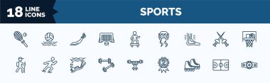 set of sports web icons in outline style. thin line icons such as squash, hockey goal, sprained ankle, trekking, weighted bars, roller skate, basketball court, champion belt vector.