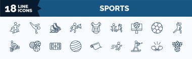 set of sports web icons in outline style. thin line icons such as jumping ski, waiter falling, football channel, motocross, gym ball, biathlon, boxing glove, soccer football ball vector.