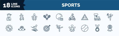 set of sports web icons in outline style. thin line icons such as pencak silat, tennis game, left bend, equipment, bullseye, tennis sport ball, golden medal, third vector.