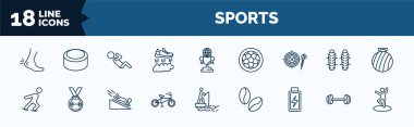 set of sports web icons in outline style. thin line icons such as ankle, flying shoes, dartboard with dart, ice skating, race bike, batter, gym weight, dancer motion vector.