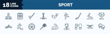 set of sport web icons in outline style. thin line icons such as podium, ice hockey, hockey, training, tennis, boxing gloves, swimming, table tennis vector.