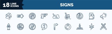set of signs web icons in outline style. thin line icons such as pet, guns, no fire, hydrant, info, pedestrian, marijuana, weapons vector.