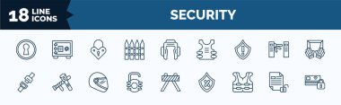 set of security web icons in outline style. thin line icons such as keyhole, picket, security warning, seat belt, open access, reflective vest, unlocked file, locked card vector.