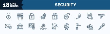 set of security web icons in outline style. thin line icons such as padlock close, safety car, match fire, secure envelope, drowning, key chain, lifeguard chair, shock absorber vector.