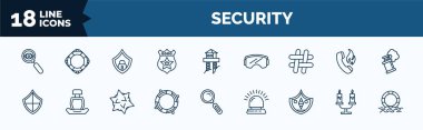 set of security web icons in outline style. thin line icons such as insight, police shield, hash, checkered shield, lifesaving, rhomboid, candles light, float vector.