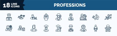 set of professions web icons in outline style. thin line icons such as captain, politician, graphic de, florist, chef, racer, boxer, mechanic vector.
