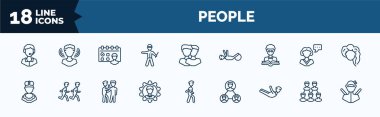 set of people web icons in outline style. thin line icons such as phone assistance, policeman standing up, teacher reading, king momo, preferences, locust, relation, ninja portrait vector.