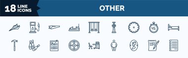 set of other web icons in outline style. thin line icons such as paper airplane, bump car, saw blade, work hammer, shooting gallery, women's bathroom, paper list and a pencil, notepad sheet vector.