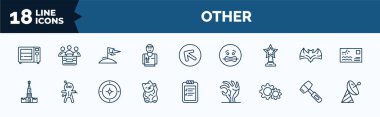 set of other web icons in outline style. thin line icons such as microvawe, plumbering, star prize, kremln, japanese cat, tings, mallet, satelite antenna vector.