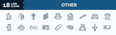 set of other web icons in outline style. thin line icons such as arabic jar, small shelf, syrnge, grooming glove, abstract business card, office clip, chandeliers, chemistry business card vector.