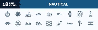 set of nautical web icons in outline style. thin line icons such as barometer, speed boat, water resist watch, knot, aqualung, oil tanker ship, boat engine, sea package vector.