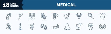 set of medical web icons in outline style. thin line icons such as anesthesia, medical insurance, crutches, otoscope, bacteria, drugs, premolar, kidney vector.