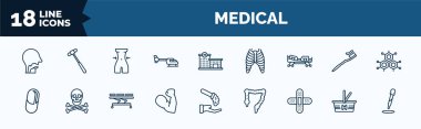 set of medical web icons in outline style. thin line icons such as pharynx, heliport, hospital bed side view, medical pill, strong, plastering, phary shopping cart, dosage medical tool vector.