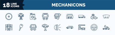 set of mechanicons web icons in outline style. thin line icons such as cart wheel, public bus, truck side view, repairing car, garage elevator, car in a gas station, car steering wheel, crane