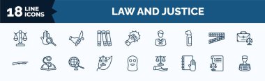 set of law and justice web icons in outline style. thin line icons such as business law, practise areas, pepper spray, shotgun, environmental law, and justice, documents, prisoner vector.