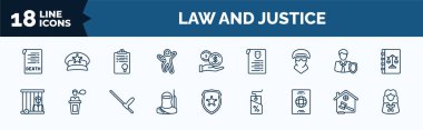 set of law and justice web icons in outline style. thin line icons such as death certificate, crime scene,  , prisioner,  immigration, real estate law, attorney