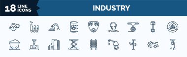 set of industry web icons in outline style. thin line icons such as electric saw, nuclear residue, uncoiler, coal wagon, lift, eco windmill, car mechanic, sheave vector.