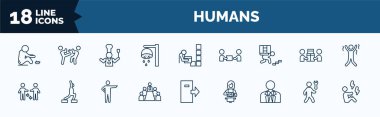 set of humans web icons in outline style. thin line icons such as begging, showering, carrying on back, people trading, business meeting, businessman with tie, hine repair, pain vector.