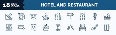 set of hotel and restaurant web icons in outline style. thin line icons such as go down, beach hotel, cutlery, checkroom, frozen yogurt, single bed, or down, elevator vector.